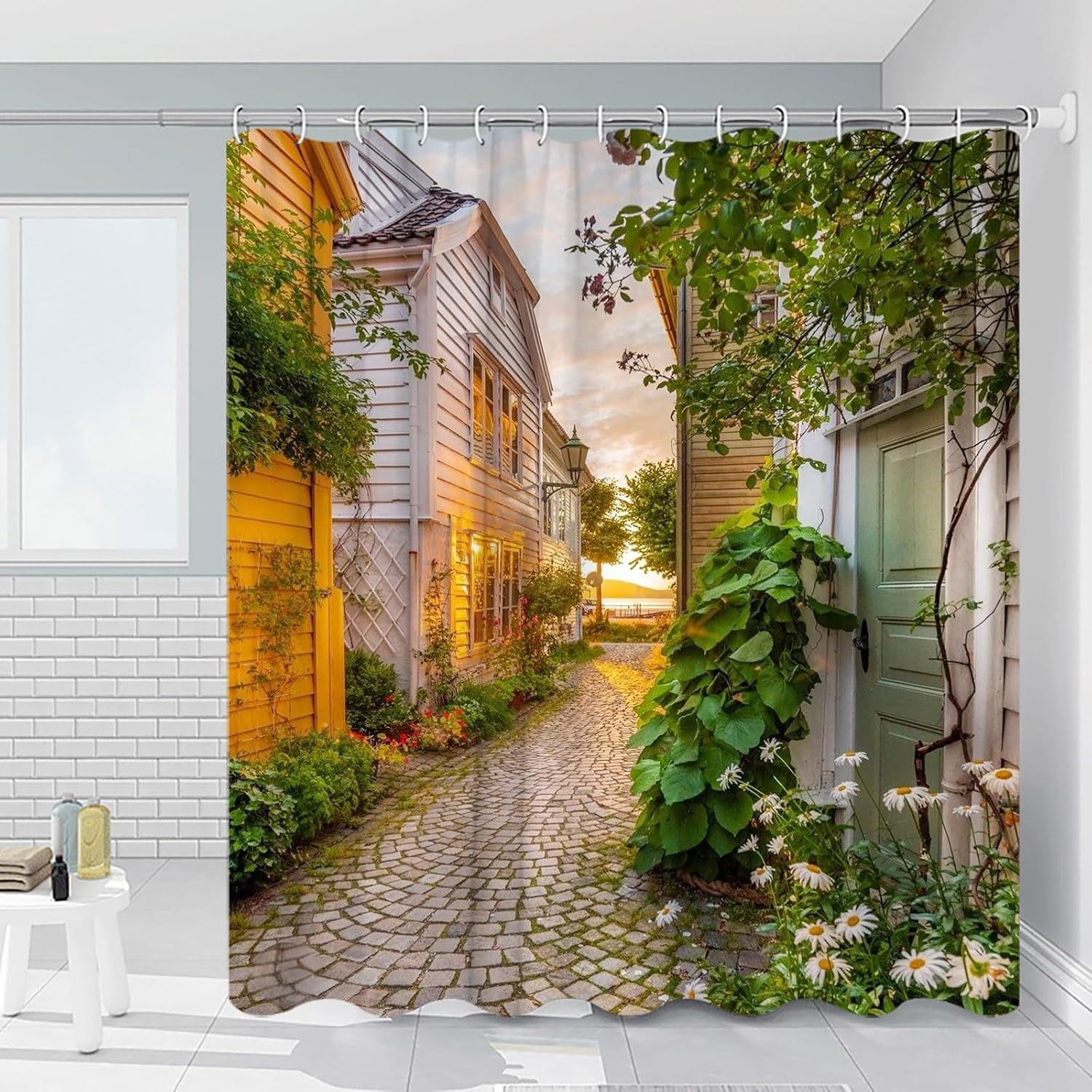 

Small Town Scenery Shower Curtain Street Green Leaves Vines Flowers Plants Sky Evening Sunset Nature Scenery Bathroom Decoration 90x180CM