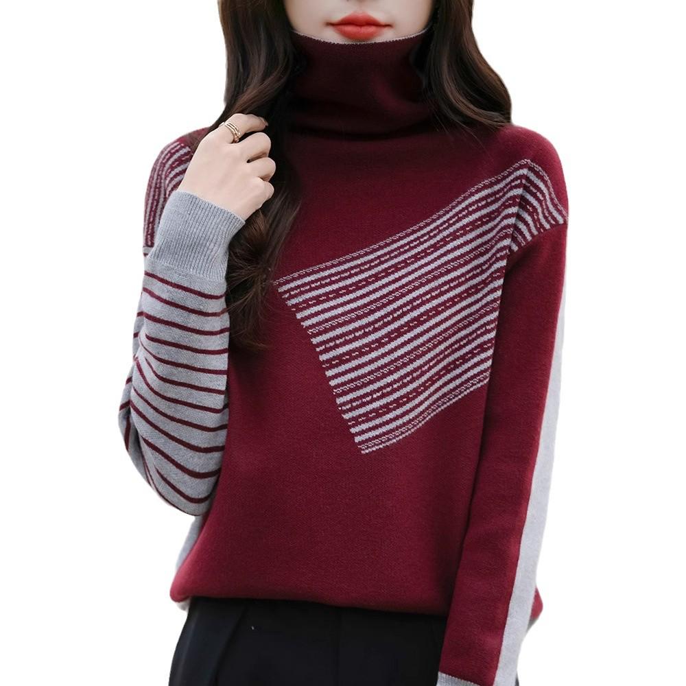 New Women's Color Block Turtleneck Knit Sweater - Loose Fit for Autumn & Winter