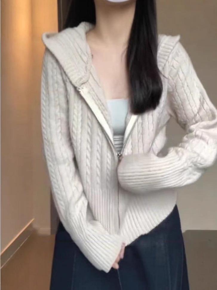 Design-Sense Cable Knit Hooded Cardigan: Zippered, Slimming, Waist-Cinching, Autumn/Winter Short Sweater Coat for Women
