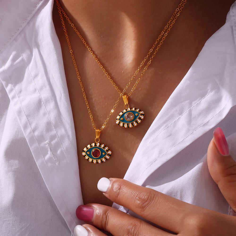 Bohemian Devil's Eye Pendant Necklace in Enamel & Titanium Steel with Rhinestones for Women