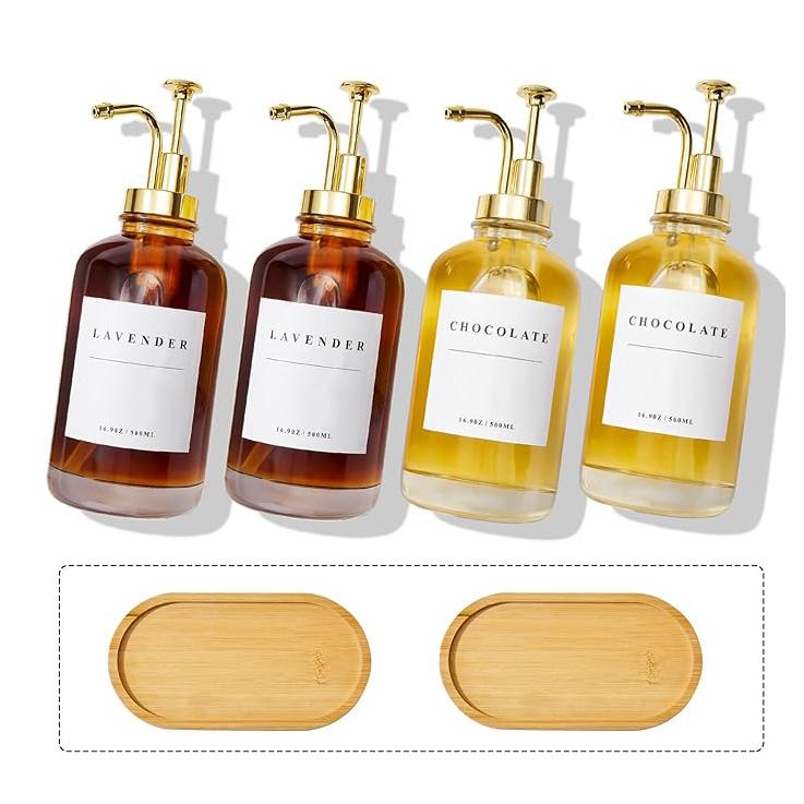 Coffee Syrup Dispenser for Coffee Bar, 16.9oz Coffee Syrup Pump Dispenser, Glass Syrup Bottle with Labels and Bamboo Tray