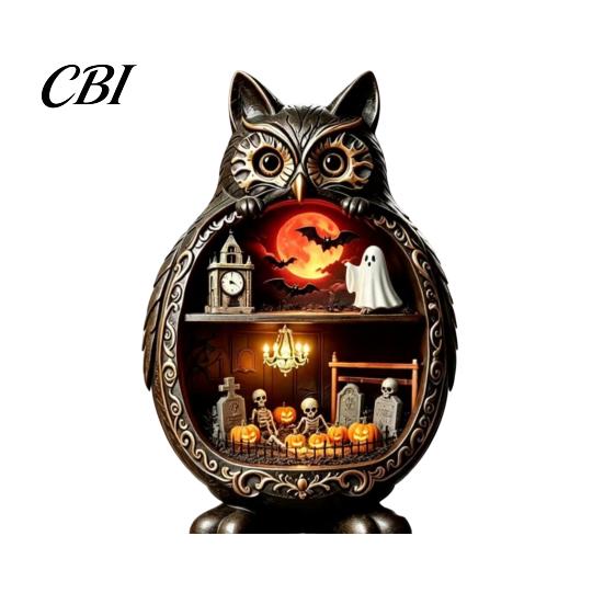 Vintage Wood Halloween Wooden Owl Tabletop Centerpiece, 2D Flat Pumpkin Ghost Bat Art Skeleton Standing Table Sign for Party, Shelf, Desk Decor Shelf