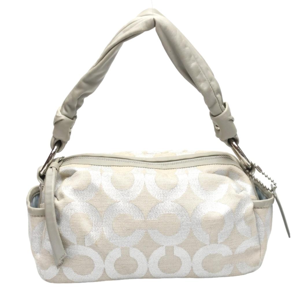 Coach Parker Op Art Lame Shoulder Bag Leather Silverx Gray Women 13507 Used