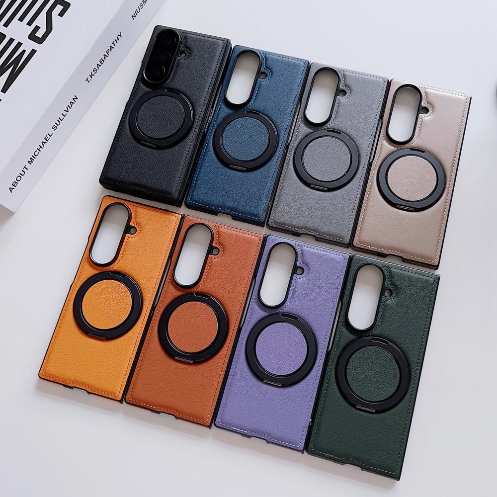 KEYSION 360° Rotating Magnetic Ring Stand PU Leather Case for MagSafe for Samsung Z Fold 7 5G Wireless Charging Phone Back Cover