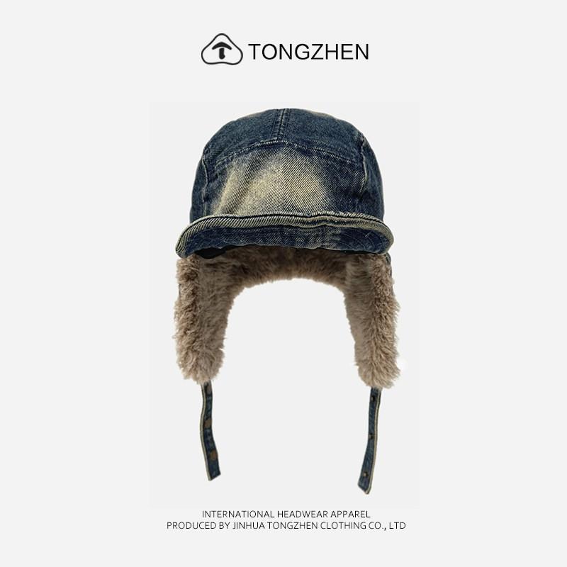 Warm Winter Fleece-Lined Denim Trucker Hat With Ear Flaps Unisex Retro Washed Cap Cold Weather