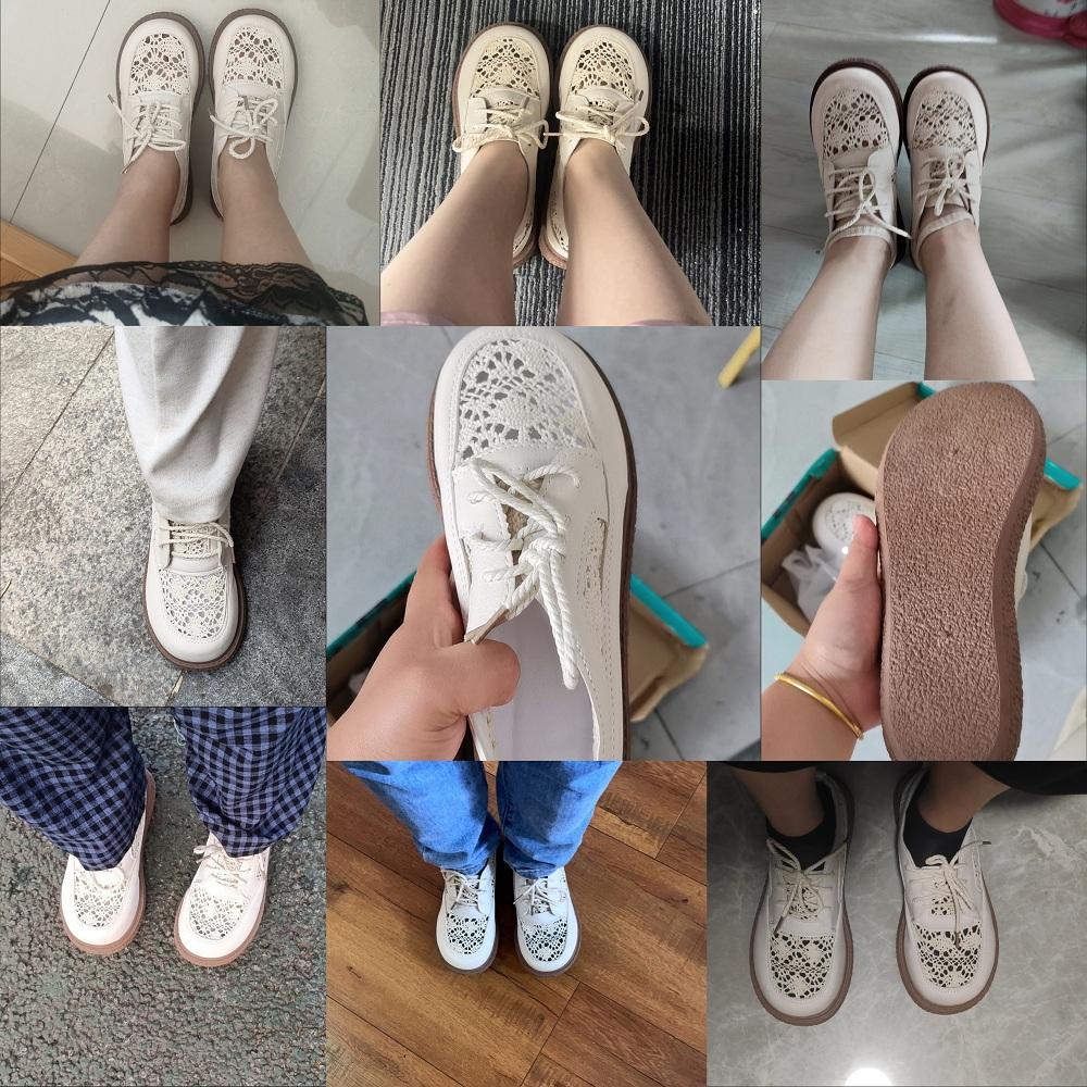 Retro forest style mesh sneakers woman casual lace up flats 3cm thick bottom cut-outs knitting loafers round toe hollow out shoe