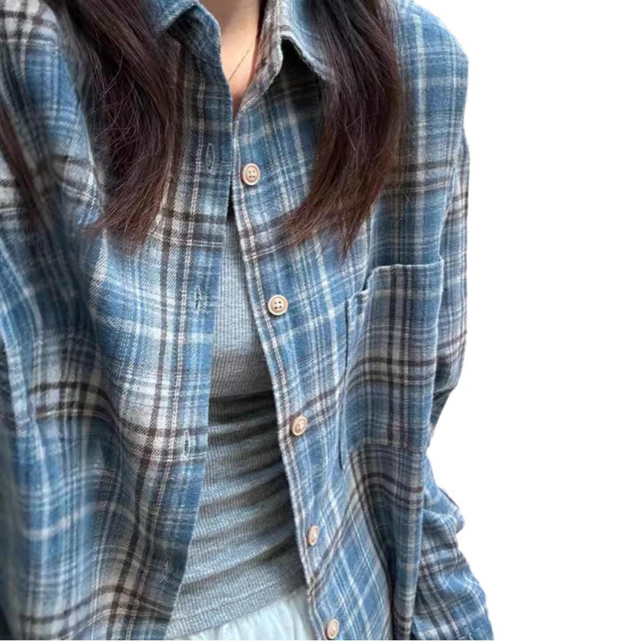 Women's Harajuku Style Blue Plaid Oversized Long-Sleeve Shirt - Casual, Versatile for Spring & Autumn