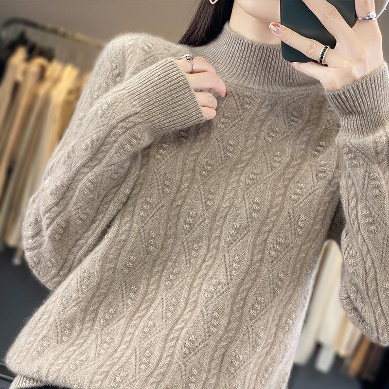 Premium Women's Thick Cable Knit Cashmere Mock Neck Sweater