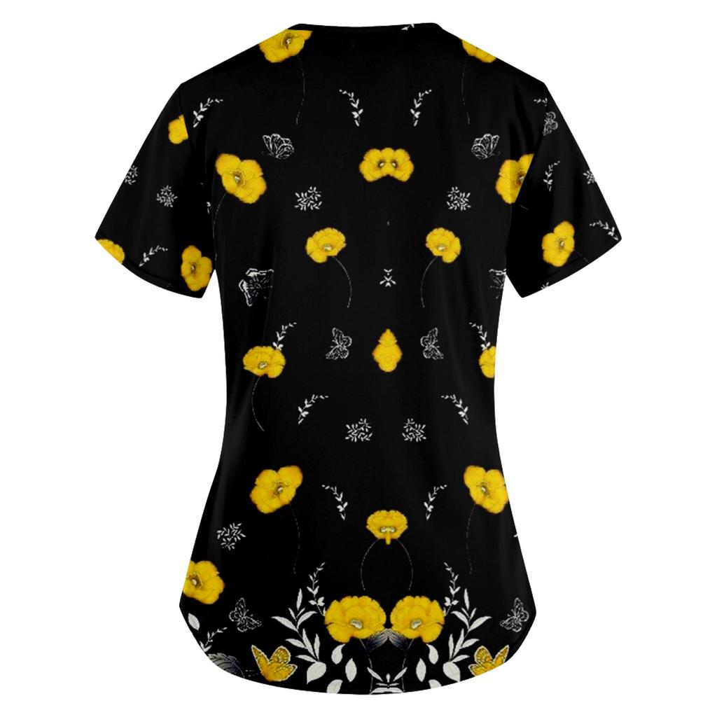 Dámská módní pracovní uniforma s potištěným tričkem a krátkým rukávem