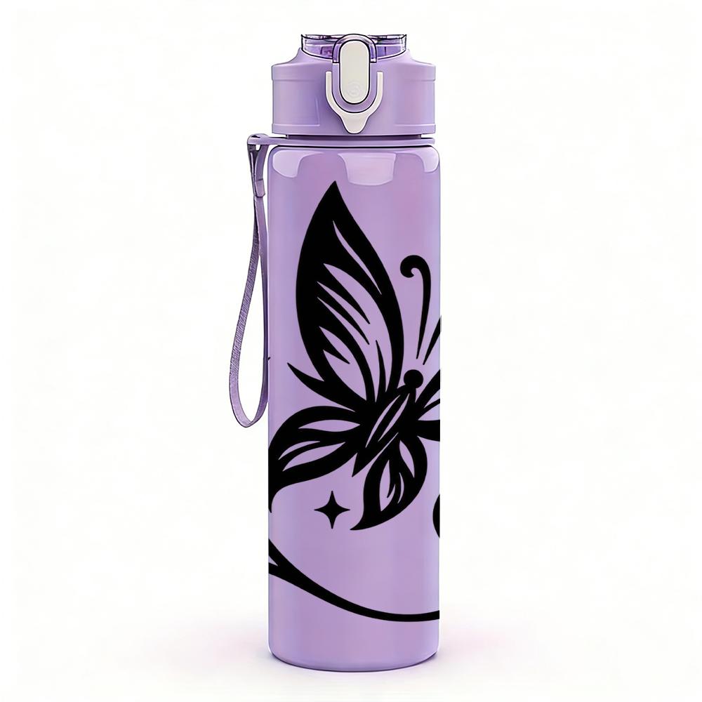 1PC Curved Wing Black Butterfly 750ml Color Plastic Sports Water Bottle Leakproof Flip Straw Lid Suitable for Sports Office Home Use