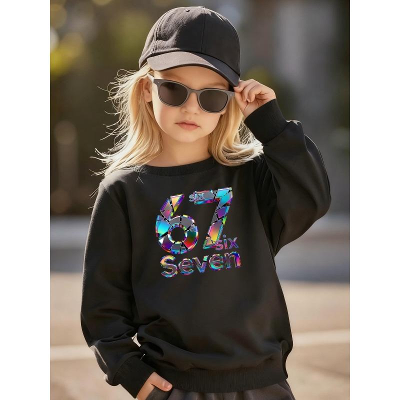 Birthday Gift For Kids Aged 4-12 Rainbow Shattered Mirror Holographic Number 67 SIX SEVEN Graphic Sweatshirt Unisex Boys Girls Black Soft