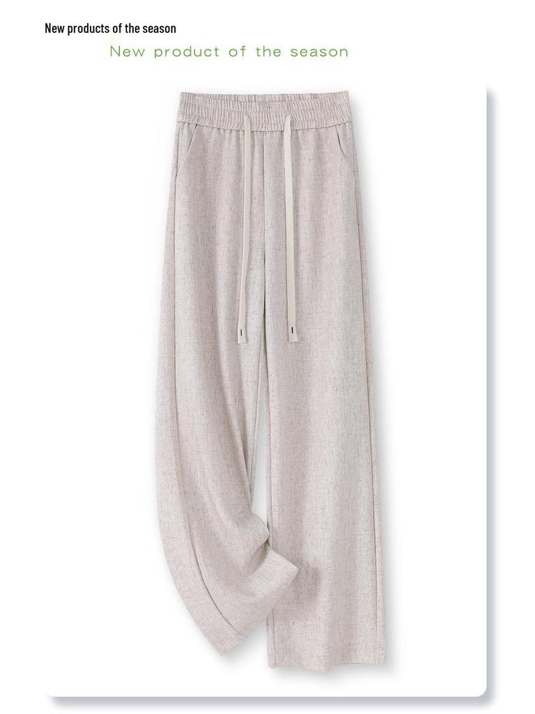 Women's Cotton Linen Wide-Leg Pants - 2025 Spring/Summer, Loose Fit, Slimming Drape, Elastic Waist, Casual Straight-Leg Trousers