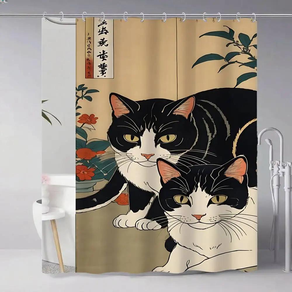 Japanese Cat Classic Vintage 1pc Pattern Shower Curtain Plus Hooks Waterproof Machine Washable Polyester Fabric Abstract