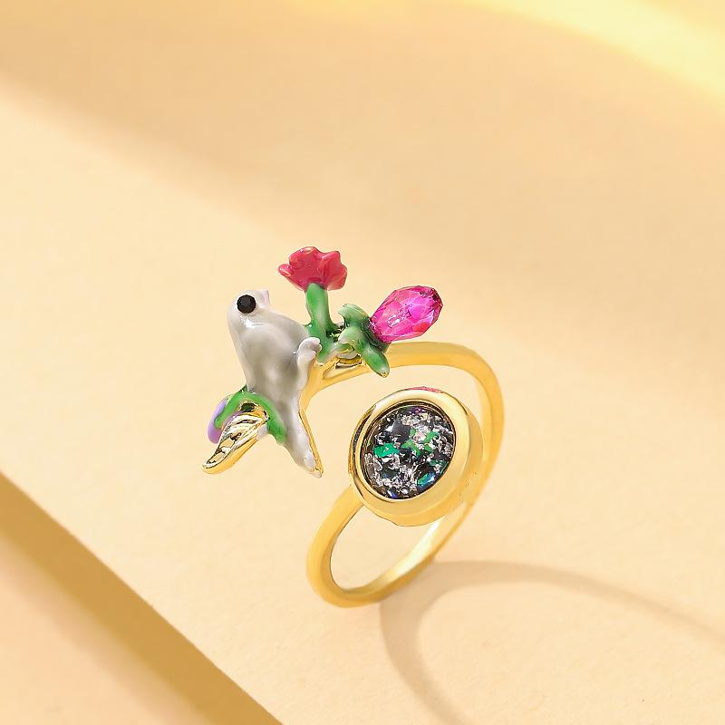 

Mori sweet temperament pastoral enamel drip glaze bird flower adjustable opening ring niche personalized jewelry Adjustable opening