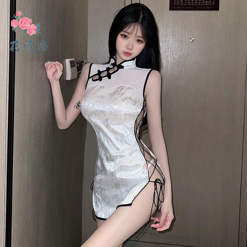 Sex underwear sexy cute side straps hollowed out pure desire temptation cheongsam short skirt white