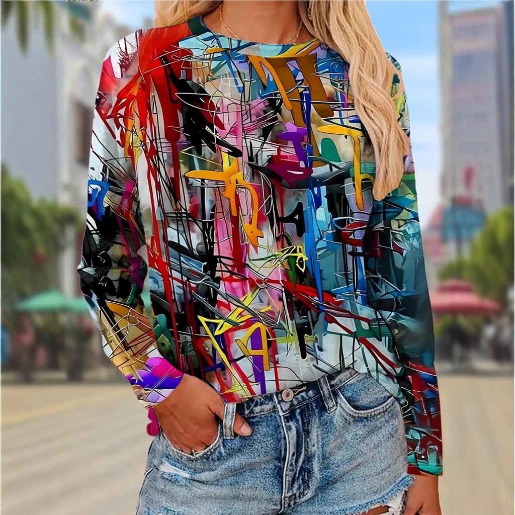 Autumn and Winter Women's Animal 3D Printed Crew Neck Long Sleeve T-Shirt
