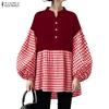 ZANZEA Women Plaid Print Splice Long Sleeve Loose Casual Blouse