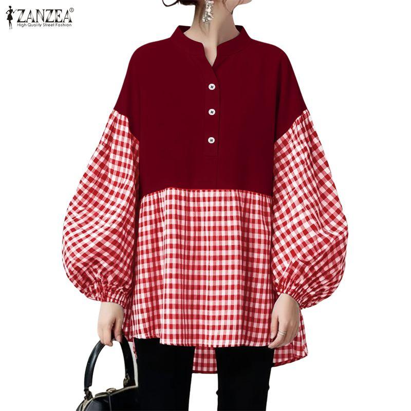 ZANZEA Women Plaid Print Splice Long Sleeve Loose Casual Blouse