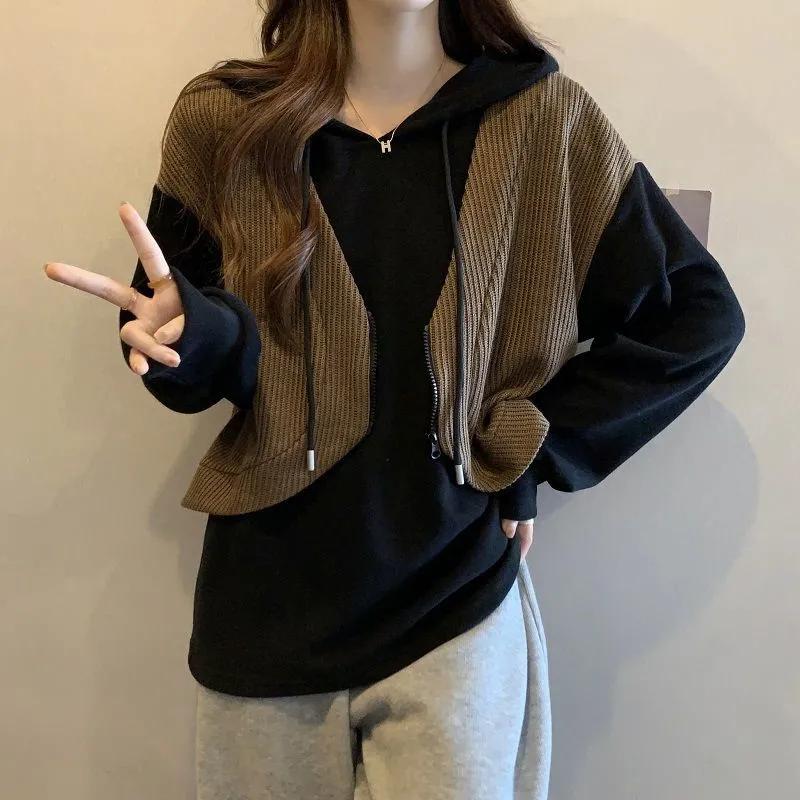 Women's Autumn Contrasting Color Hooded Long Sleeve Casual Tops