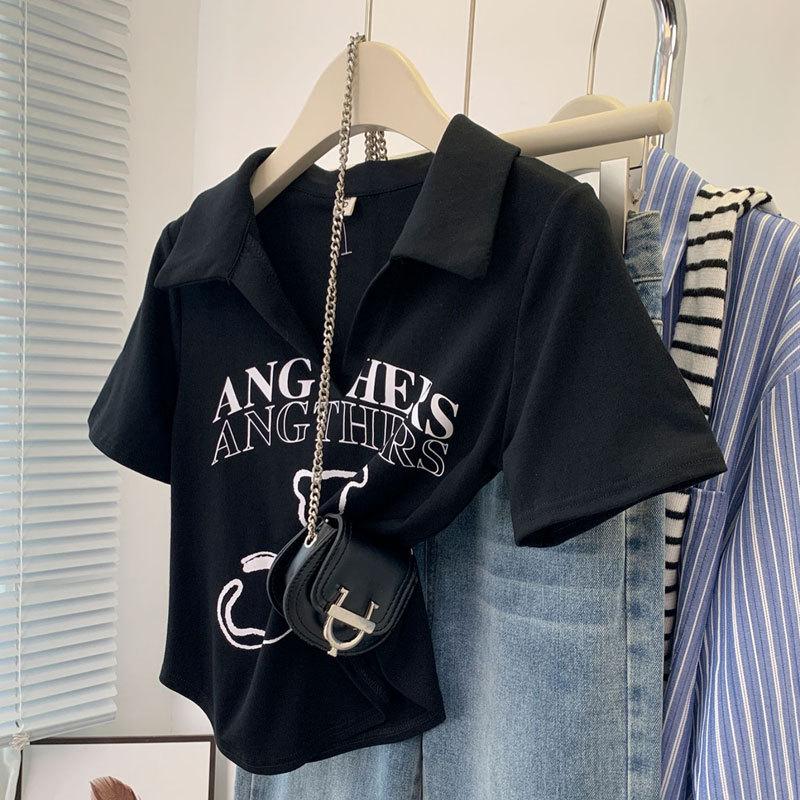 

Women s White Printed Polo Collar Short-Sleeve T-Shirt - Summer American Design S (up to 80 jin) білий