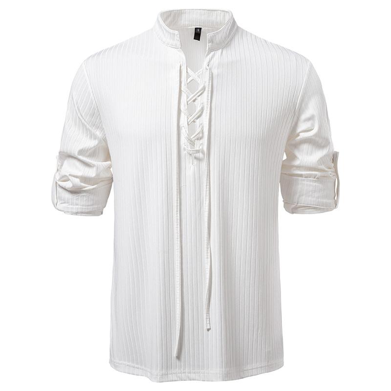 Men's Lace-Up Stand Collar Striped Shirt Long Sleeve Casual Top for Men Spring Autumn Fashion Multi-Color Textured Male Blouse