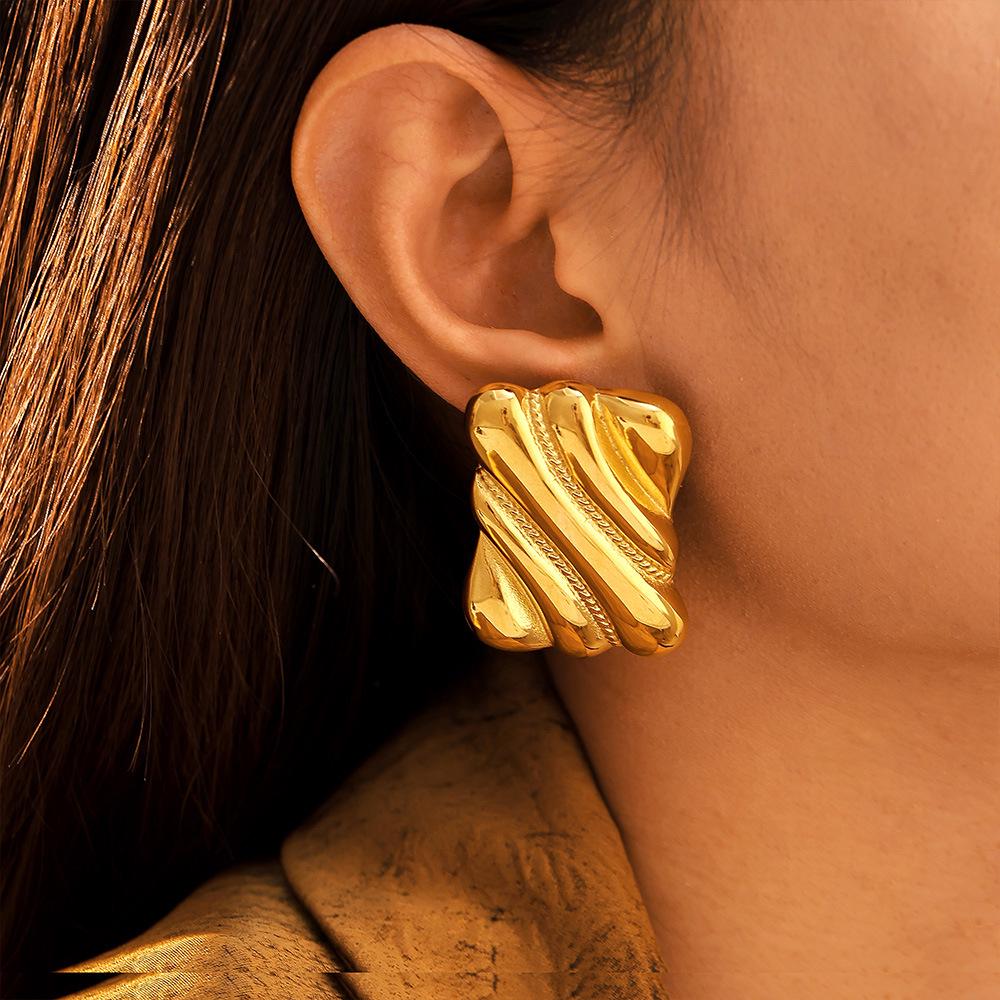 Qiong Yao Geometric Ribbed Stud Earrings, Gold-Plated Stainless Steel, Hypoallergenic Fashionable Jewelry