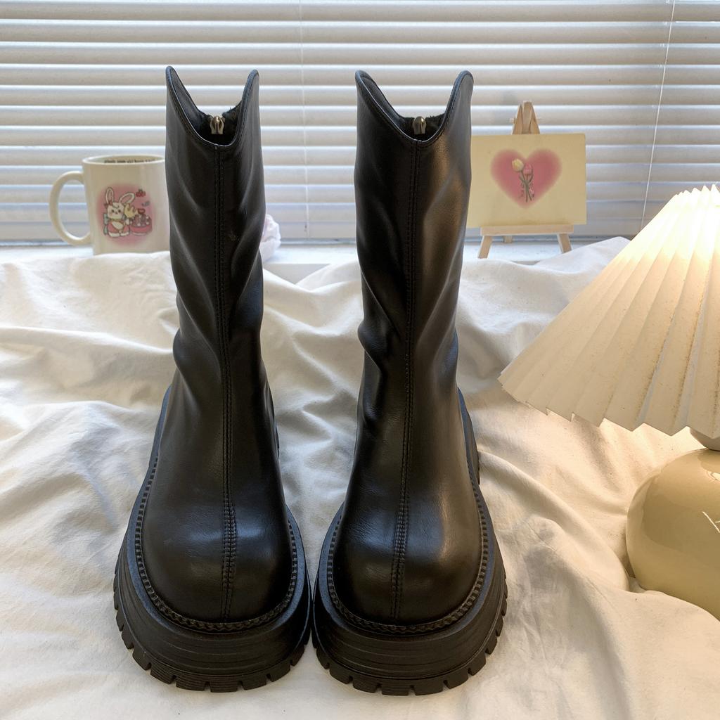 Women Boots New Thick Sole Stacked Fashion Brown Black 2026 Short Boots Wrinkled Leather Platform Casual Botines Chelsea Shoes