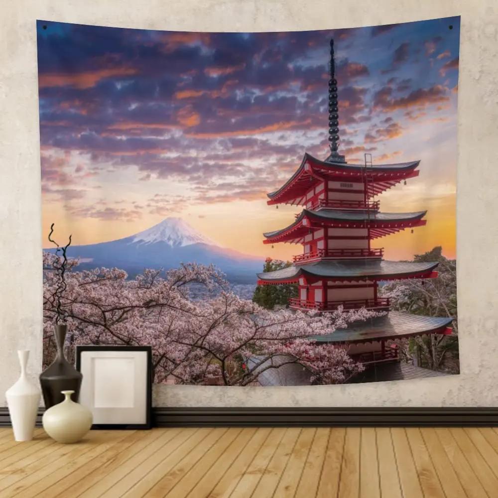 Sakura Tapestry Pink Japanese Cherry Blossoms Tapestries Spring Sunset Landscape Tapestry Wall Hanging for Bedroom Decoration