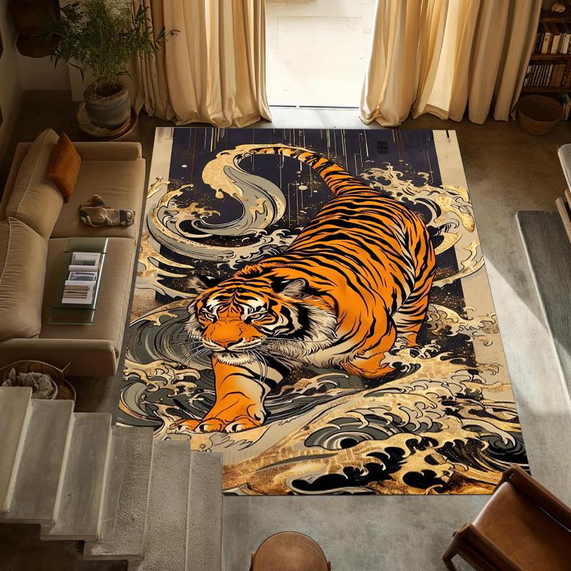 1. A Japanese Ukiyo-e Style Tiger Wave Pattern Area Rug Lightweight and Easy Clean In Living Rooms Bedrooms Dining Rooms Rugs