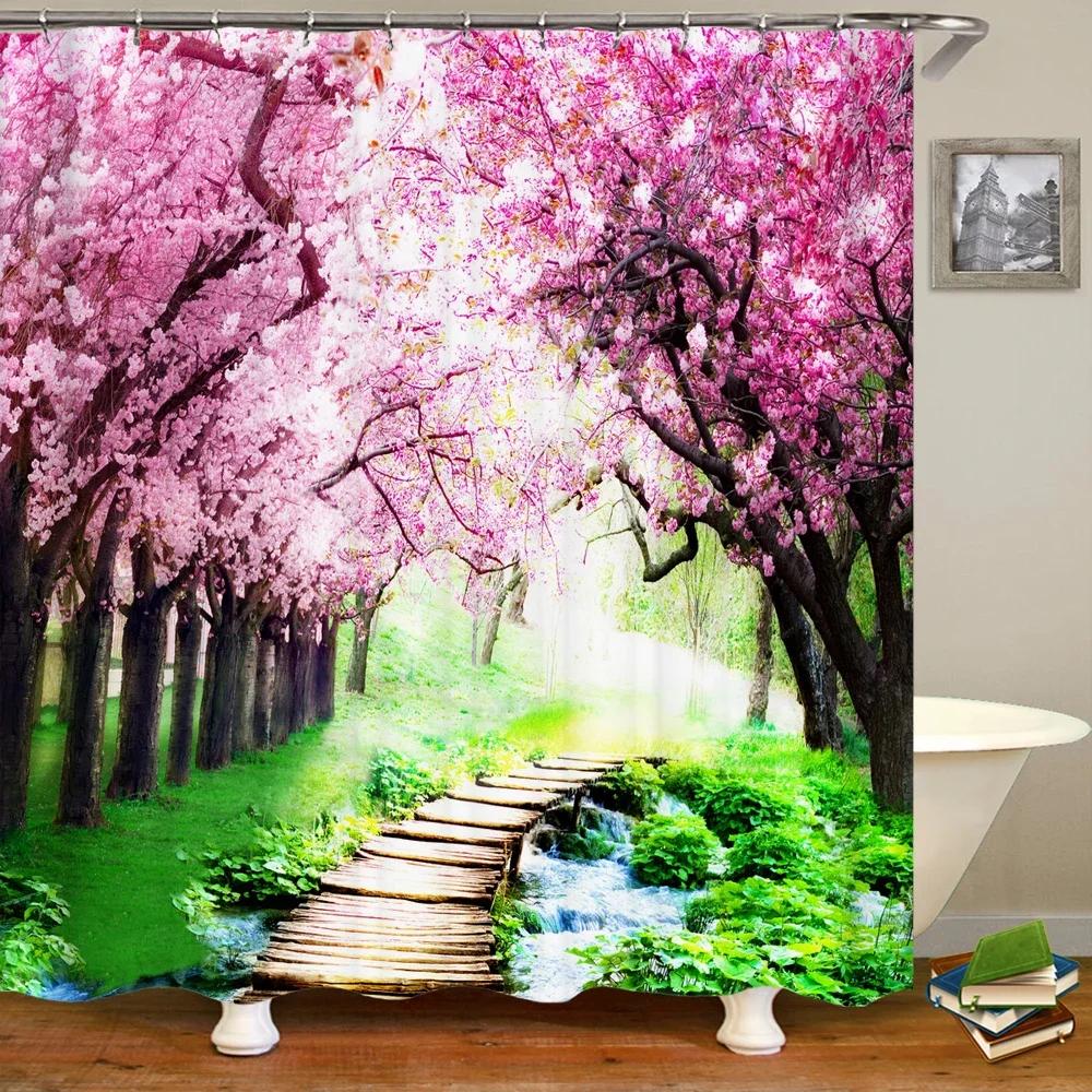 Waterproof Fabric 3D Shower Curtain Bathroom Curtain Pink Tree Landscape Polyester Bath Curtain Decorate With Hooks Cortina