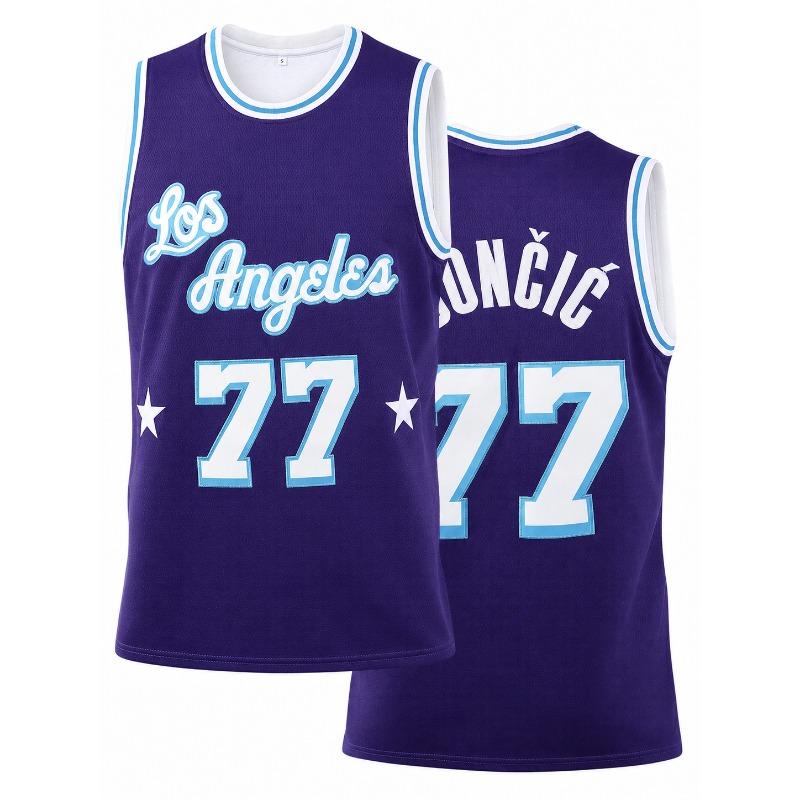 Fashion Retro Doncic 77 LA Style Basketball Jersey Purple Number Print Sports Uniform Casual 3d Printed Vest and Men Women