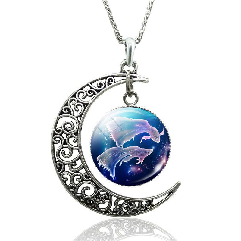 12 Constellation Necklace Zodiac Signs Cabochon Glass Crescent Moon Pendant Clavicle Chain Necklace Birthday Gifts for Women