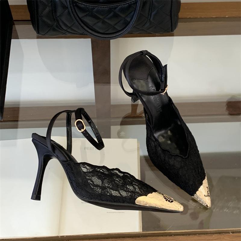 

Mi Ting One-Word Strap Stiletto Bag Head Sandals Spring And Summer Sexy Lace Pointed Gilt Stitching Mesh High Heels 39 чорний