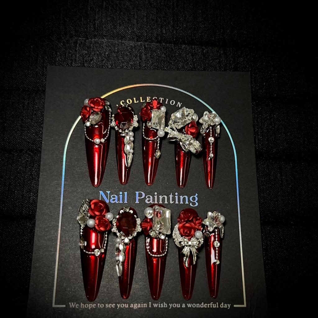 Handmade Luxury Press on Nails Long Almond French Tip Sparkly Fake Nails 3D Rhinestones Designs Acrylic Nails Reusable Stick on Nail for Women