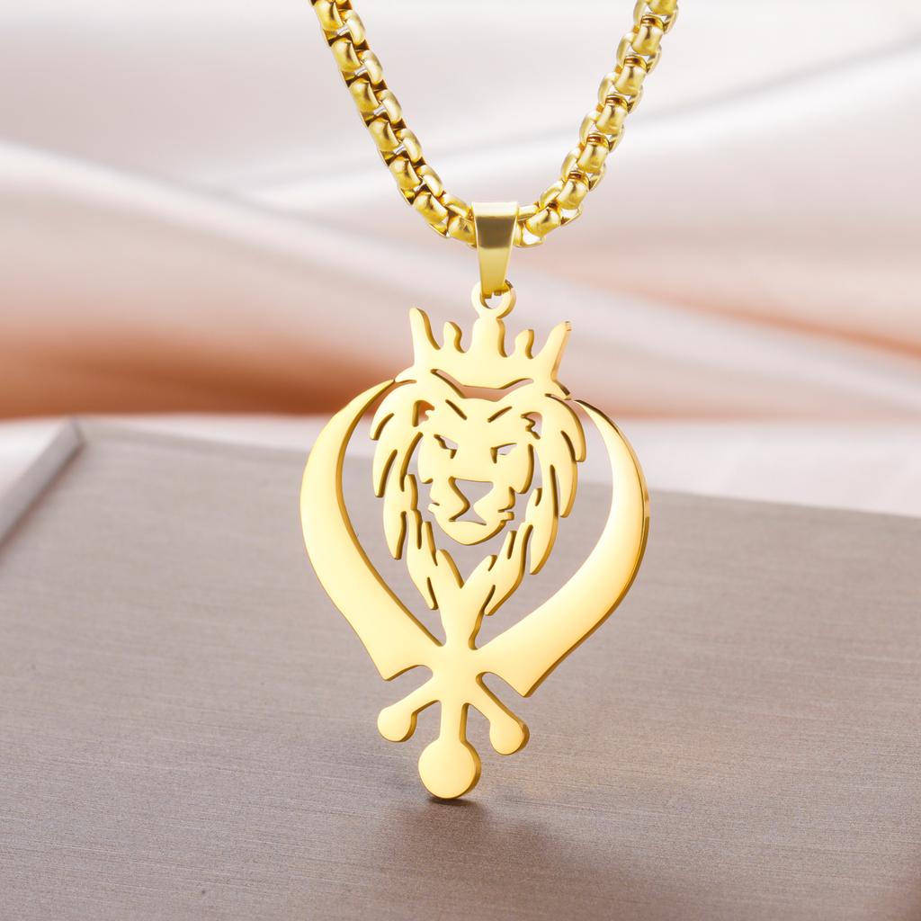 My Shape Punk Crown Lion King With Sikh Symbol Khanda Pendent Necklace Stainless Steel Animal Charm Choker Chains Jewelry Gifts