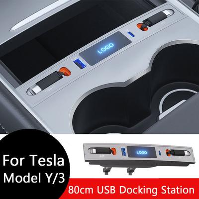 Estação de encaixe retrátil para hub USB de carro Tesla Model 3/Y, acessórios para carregador rápido de carro, acessórios para modelo Y