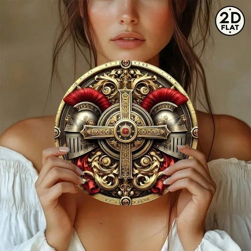 

Medieval Badge Metal Sign 8 Inch Round 2D Ornate Cross Vintage Home Wall Art Gothic Room Cafe Bar Unique Gift 20x20