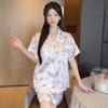Fashion Elegant Luxury Satin Sleepwear Summer 2 Piece Women Set Short Sleeve Tops and Shorts Pajamas Woman Silk Cartoon Printing Pajama Set