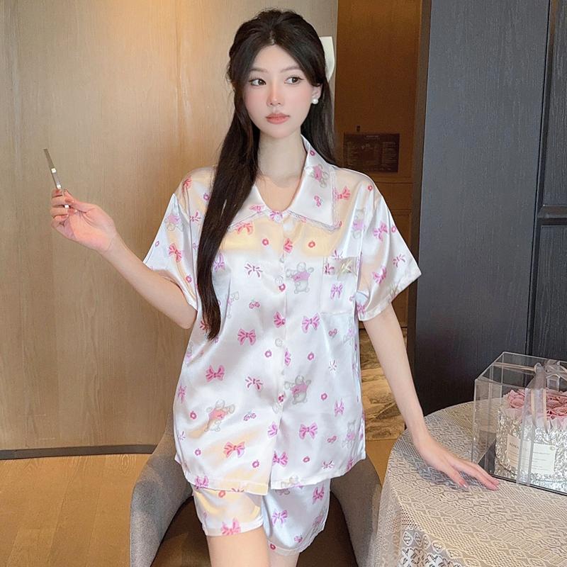 Fashion Elegant Luxury Satin Sleepwear Summer 2 Piece Women Set Short Sleeve Tops and Shorts Pajamas Woman Silk Cartoon Printing Pajama Set