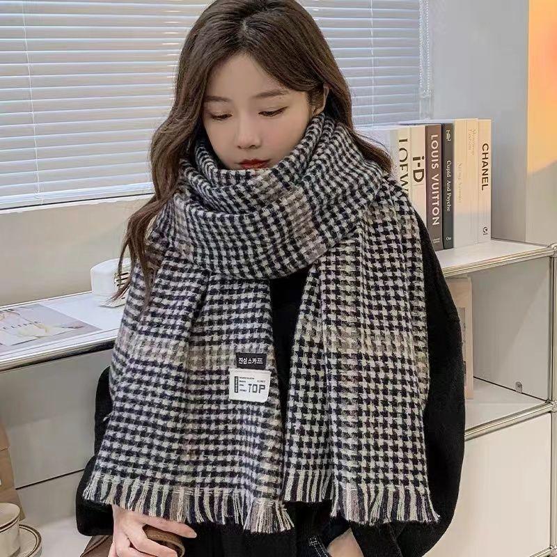Houndstooth Scarf Women's Winter Warm New Style High End Ins Style High School Girls Student Scarf