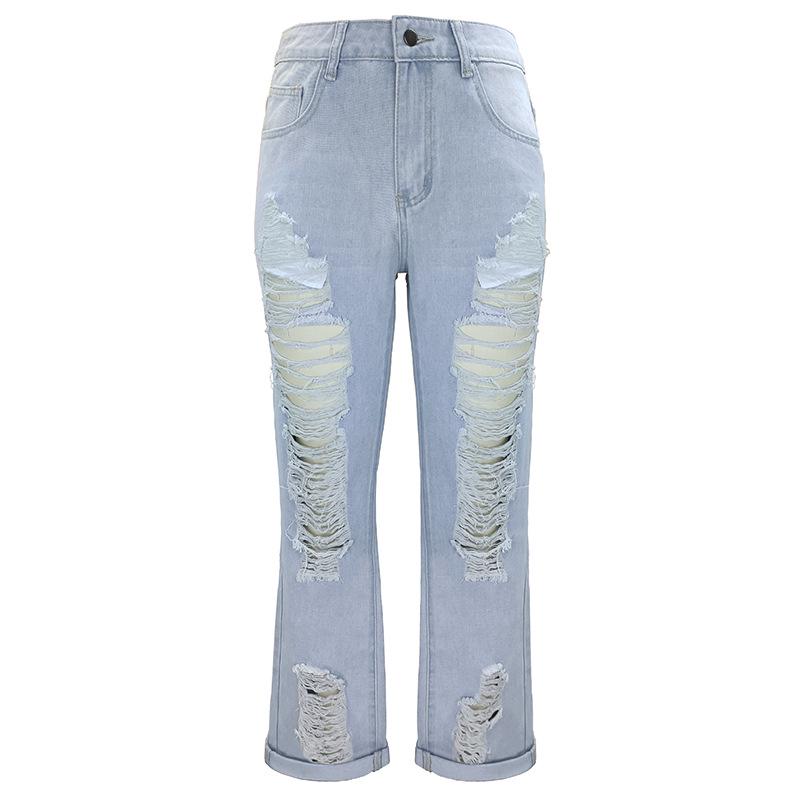 European-American Style Women's Cut-Out Ripped Jeans, Light Blue, Slim-Fit Casual Hot Pants