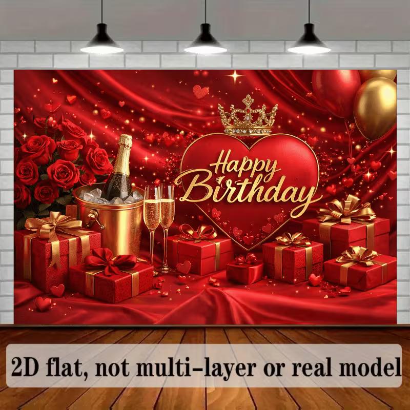 2D Romantic Red Gold Happy Birthday Backdrop for Birthday Photoshoot