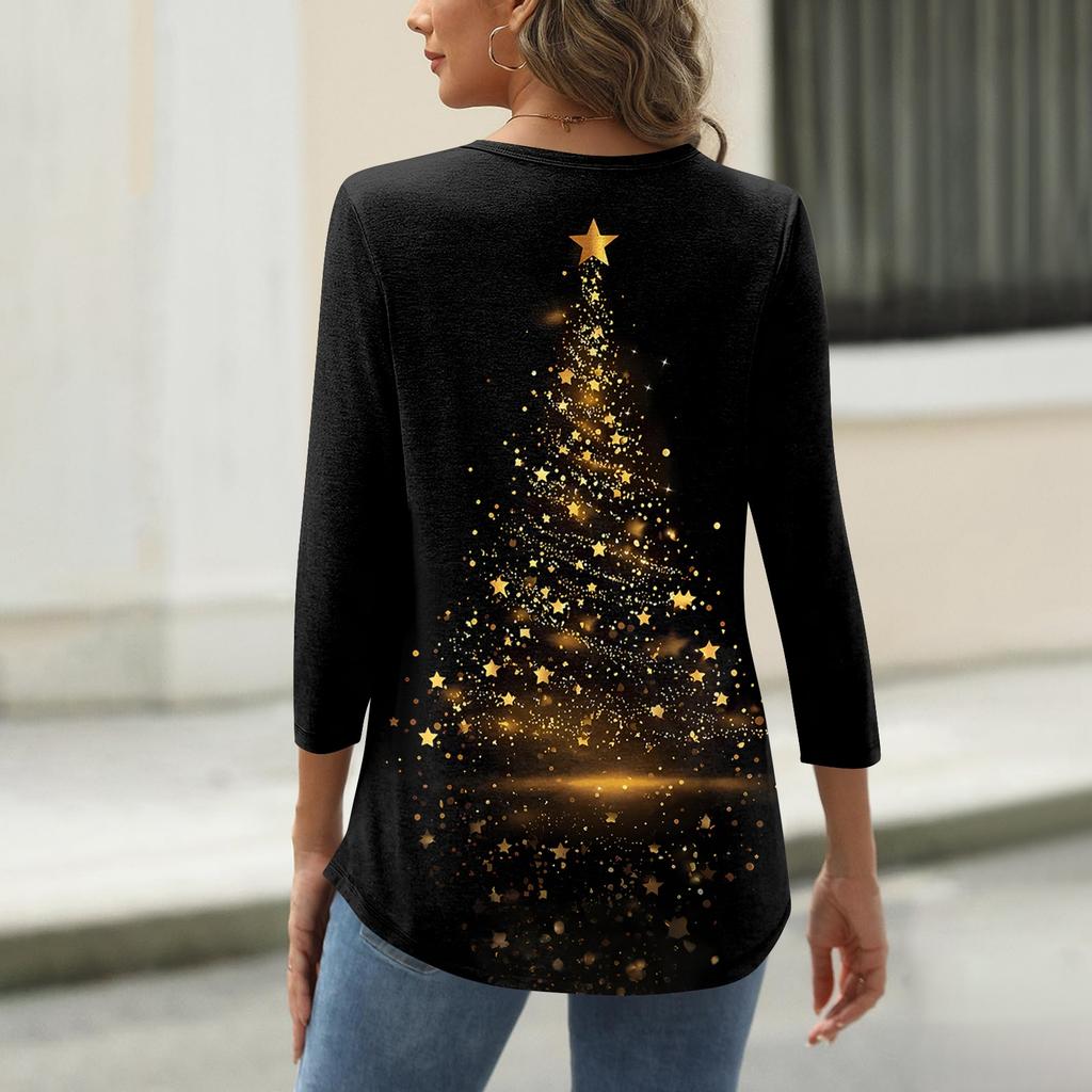 Women's Fashionable Casual Three Quarter Sleeve Christmas Printed Collar Pullover Top