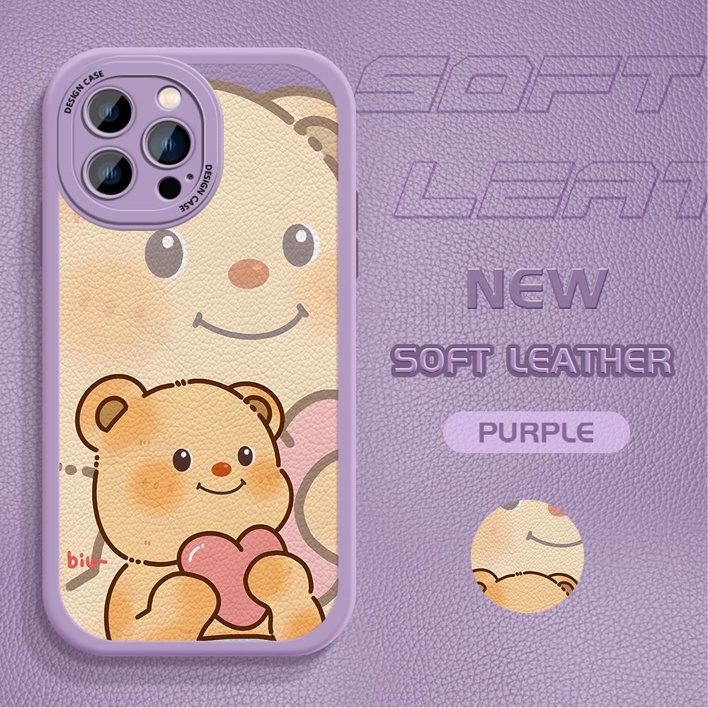 Cartoon Bär Weiches PU-Leder Vollständiger Objektivschutz Hülle für iPhone 15 14 13 12 11 Pro Max Huawei P30 Pro P40 Lite Vivo Y15 Y18 Y20