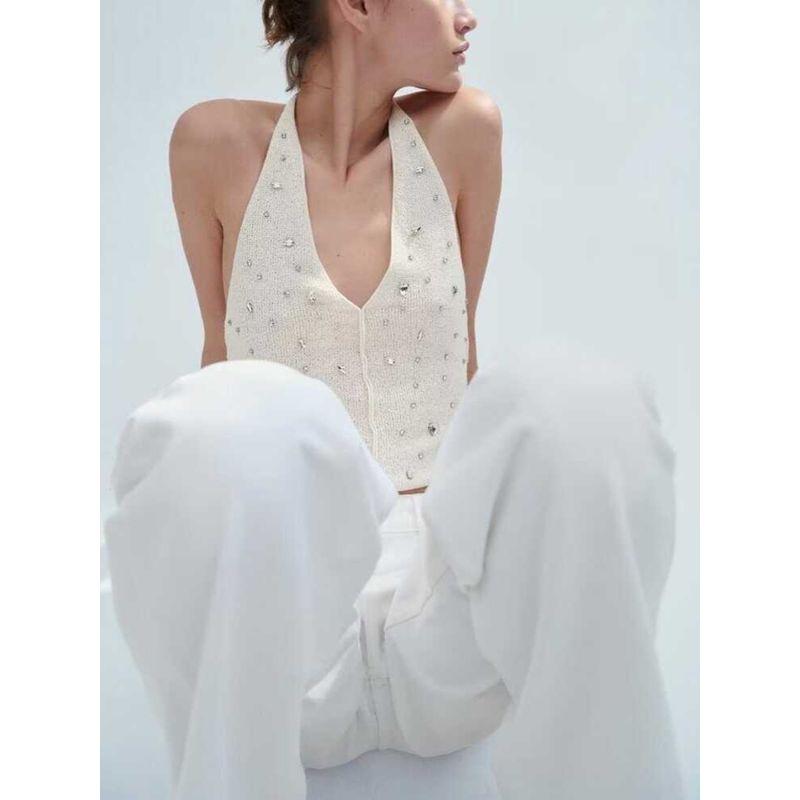 Za2024 Spring-Summer New Type Women's Clothing Sexy Midriff-Baring Jewelry Inlaid Hanging Collar Tops 1014316 712