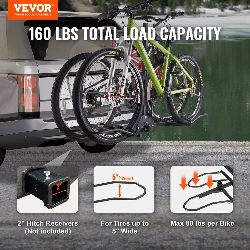 Hitch Mount Bike Rack, 2-Bike Platform Style, 160 LBS Max Capacity Bike Rack Hitch for 2-inch Receiver, Titling and Folding Bike Carrier with Tires Up