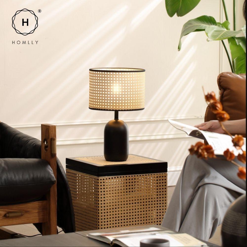 Homlly Rattan Japandi Black Base Table Lamp