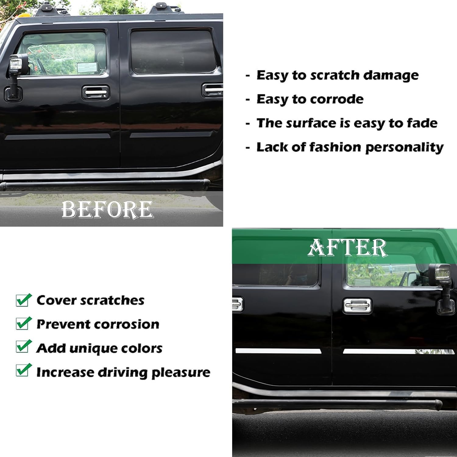

Накладка на бік кузова Захист дверей Підходить для Hummer H2 2003-2009, Комплект декоративних вставок на бік кузова з нержавіючої сталі