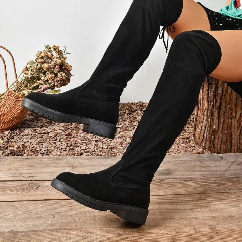 New Fashion Women's High Boots Solid Color Slip-on Comfortable Versatile Lace-up Spring and Autumn Women's Nude Boots