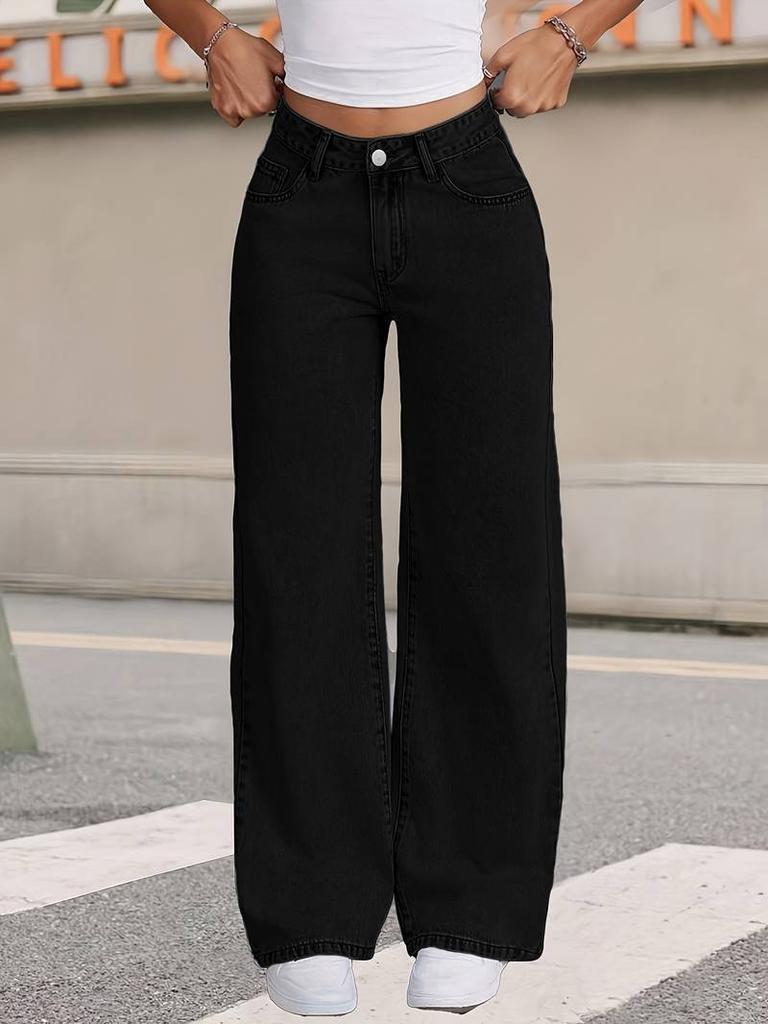 High Waisted Loose Wide Leg Pants, Hanging Floor Length Pants, Black, Straight Leg, Jeans, Women's Pants